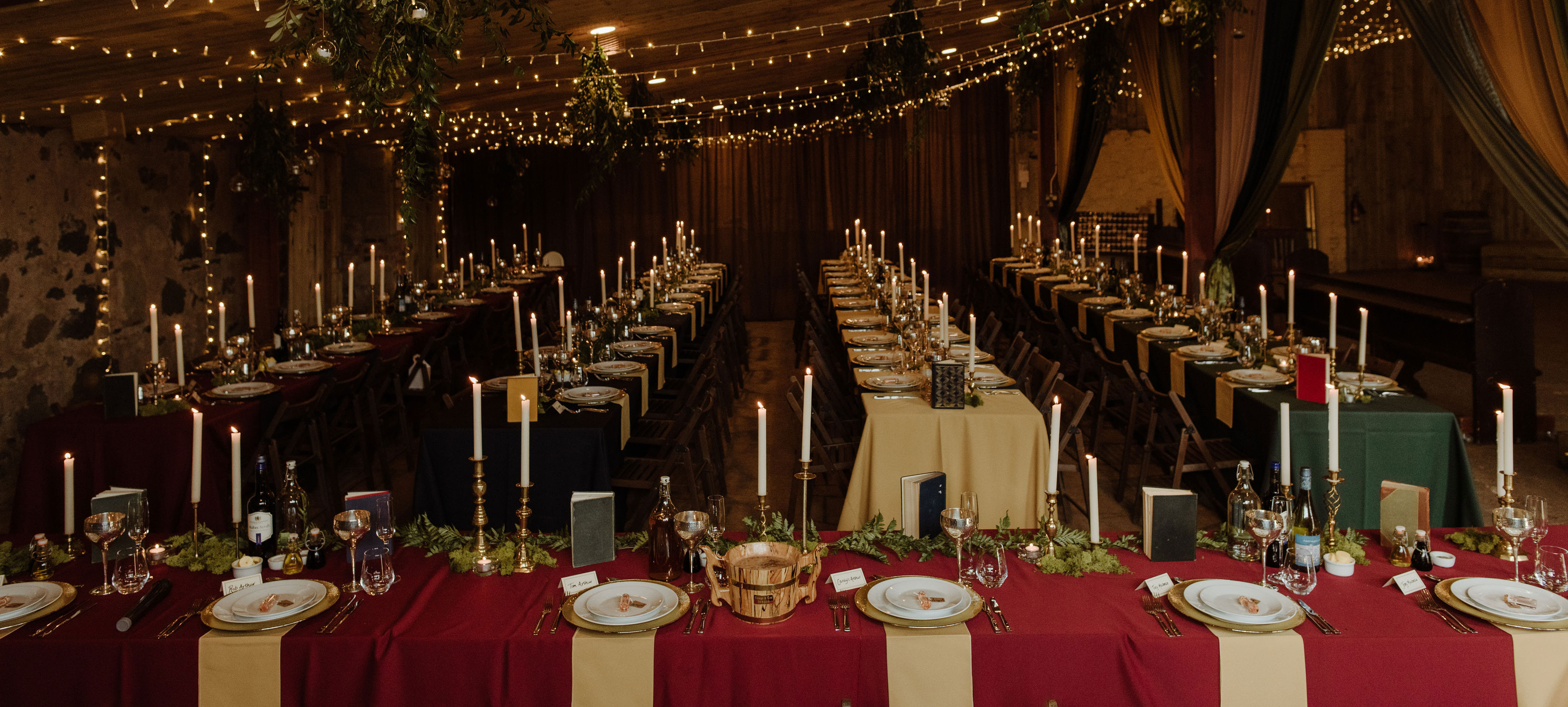 Wine, Navy, Green and Gold Essential table linen paired with Gold Starburst charger plates, Image courtesy of The Little White Cow & Neil Douglas Photography