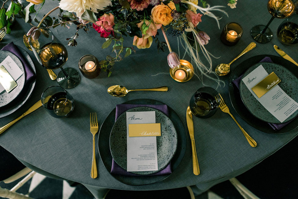 Graphite Gelato table linen and Blackcurrant Gelato napkins, Image courtesy of Anemone Styling and Cyan Gurung Photography
