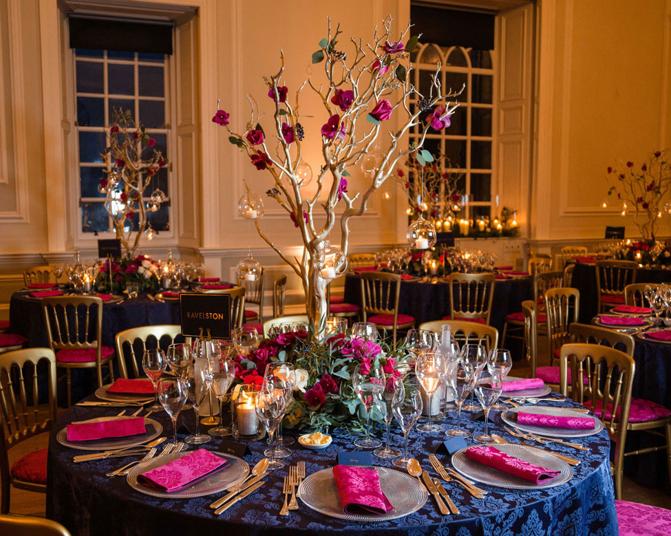 French Navy Vintage Damask table linen and Raspberry Vintage Damask napkins, Image courtesy of Blue Sky Photography