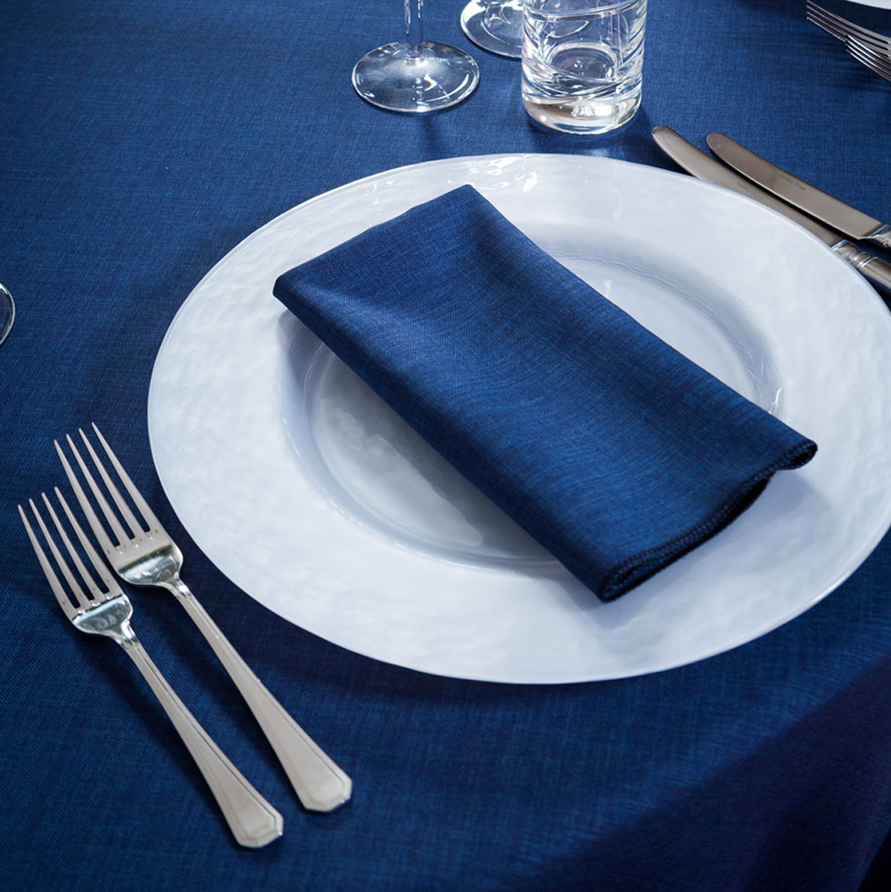 Denim Gelato table linen, Pearl White charger plate paired Denim Gelato napkin