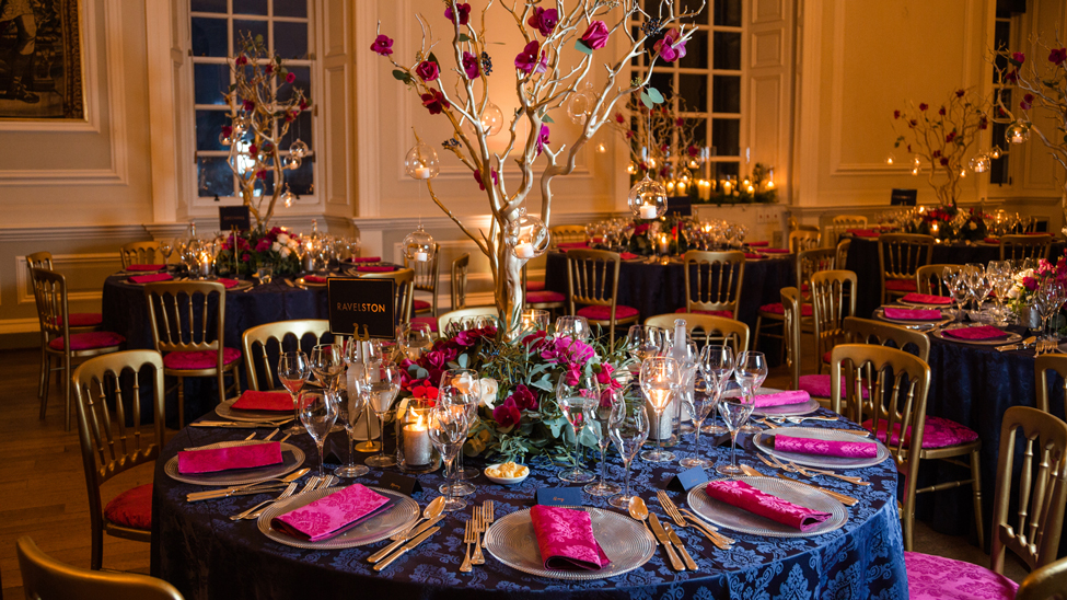 Navy Damask tablecloth with Raspberry Damask napkins