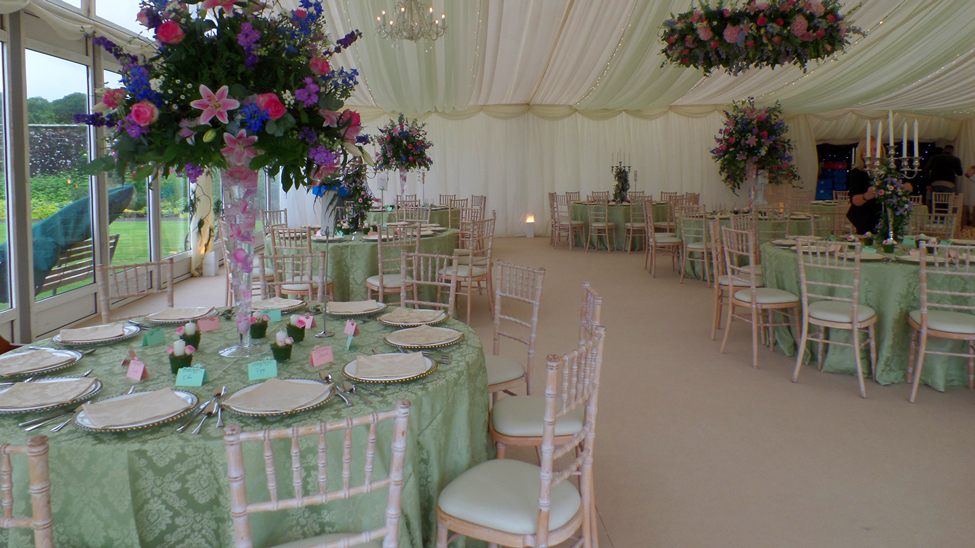 Sage Damask tablecloths with Latte Damask napkins