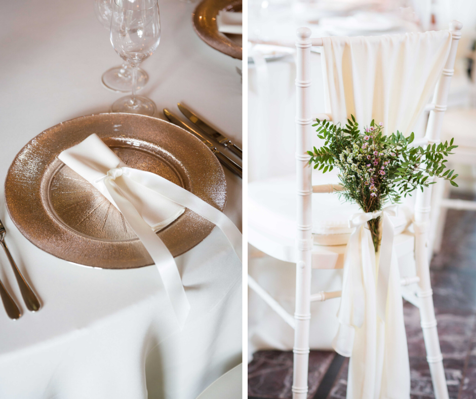 L: Rose Gold Starburst Charger Plate w/ Cream Essential Napkin & Satin Ribbon; R: Ivory Chiavari Chair w/ Ivory Chiffon Valentina Weave L: Rose Gold Starburst Charger Plate w/ Cream Essential Napkin & Satin Ribbon; R: Ivory Chiavari Chair w/ Ivory Chiffon Valentina Weave