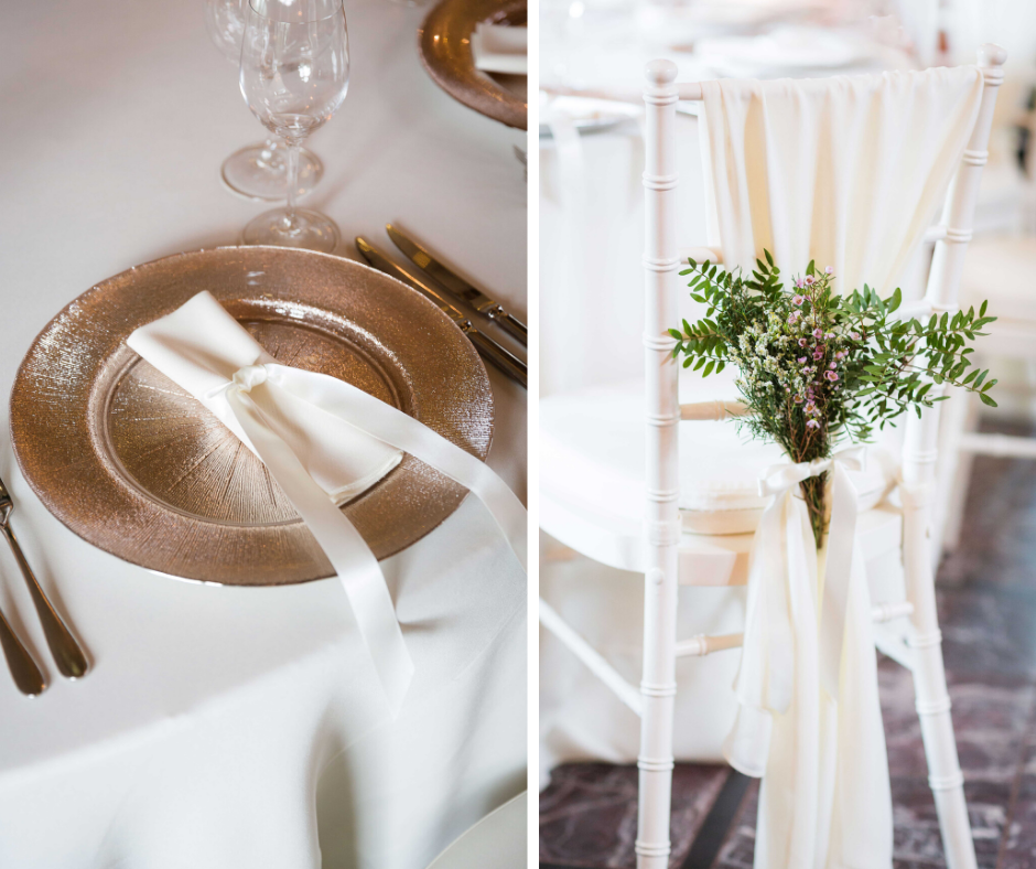 L: Rose Gold Starburst Charger Plate w/ Cream Essential Napkin & Satin Ribbon; R: Ivory Chiavari Chair w/ Ivory Chiffon Valentina Weave