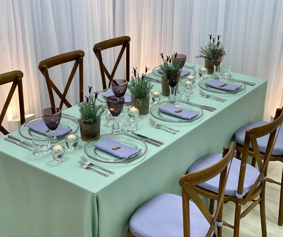 Sage Essential trestle cloth, Crossback Chairs with Gentle Lavender Gelato cushioned pads